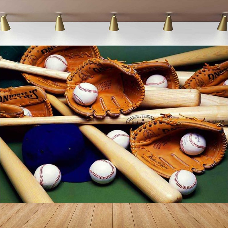 Sports Equipment Background - Fotografie-Hintergrund, blaue Baseballkappe, braune Handschuhe, Baseball-Poster,